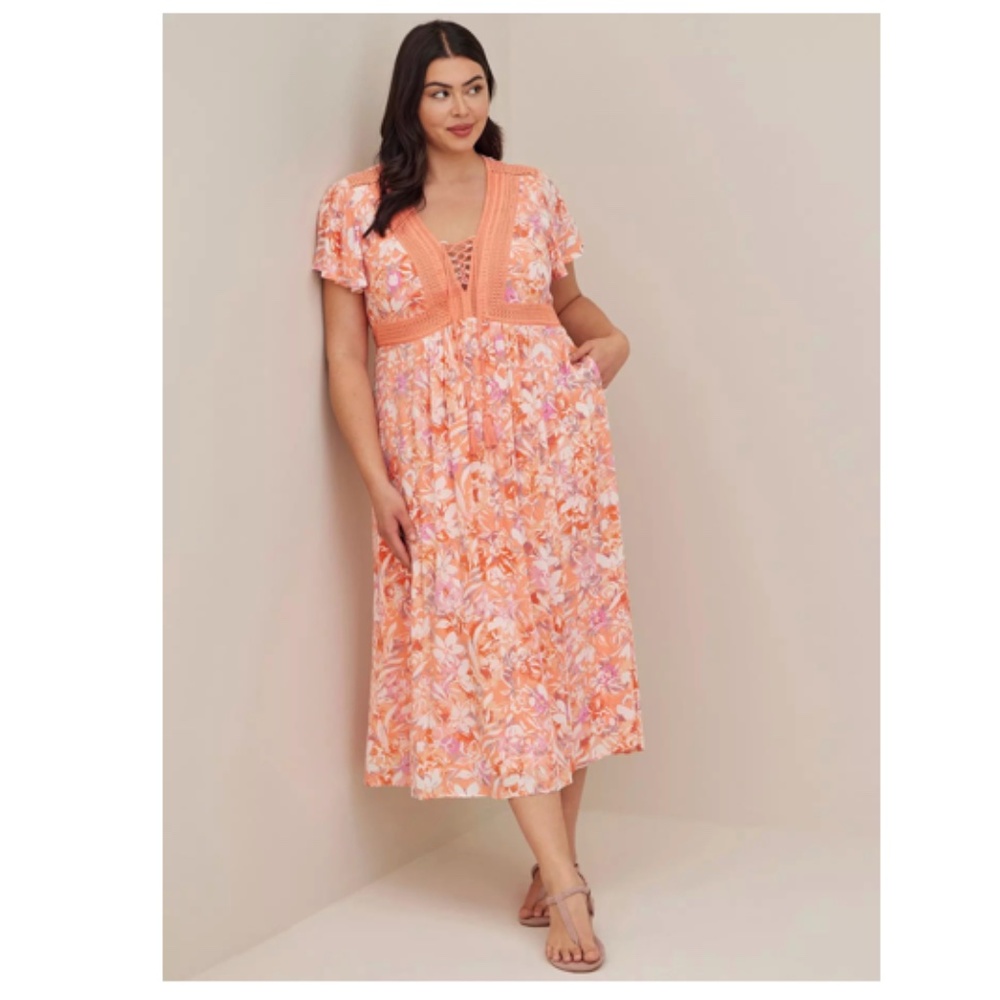 torrid Peach Floral Crochet-Trim Midi Dress